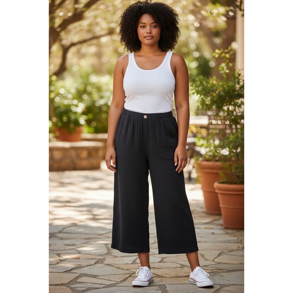 Wonderly XL Wide Leg Gauze Pants Pull-on Cropped Casual Loungewear Washed Black